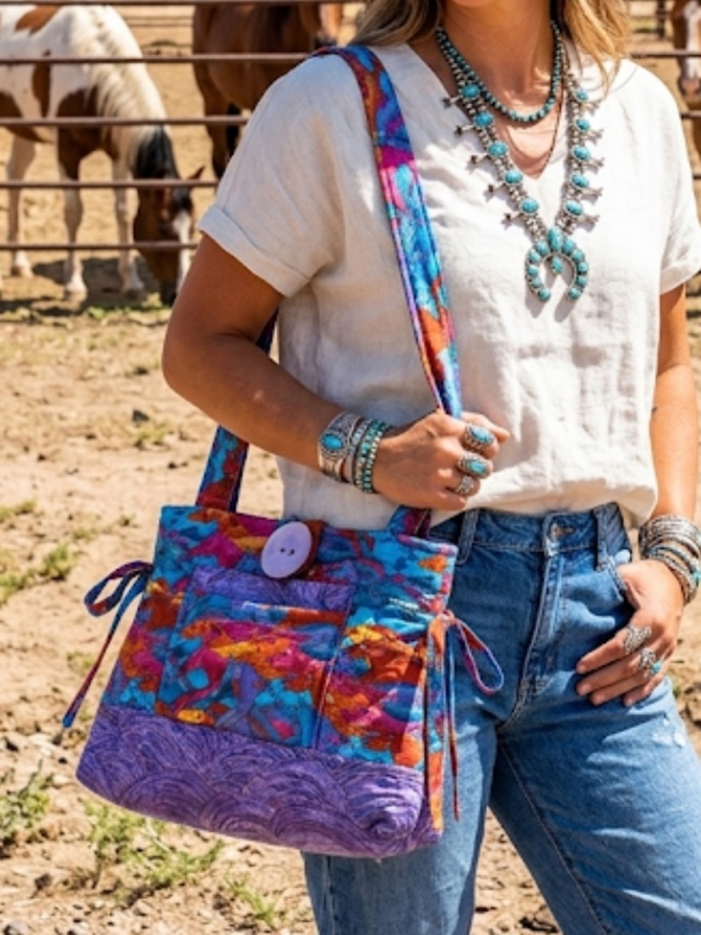 Handmade Quilted Fabric Horse Pattern Shoulder Bag Bright Color Horse Print NWOT